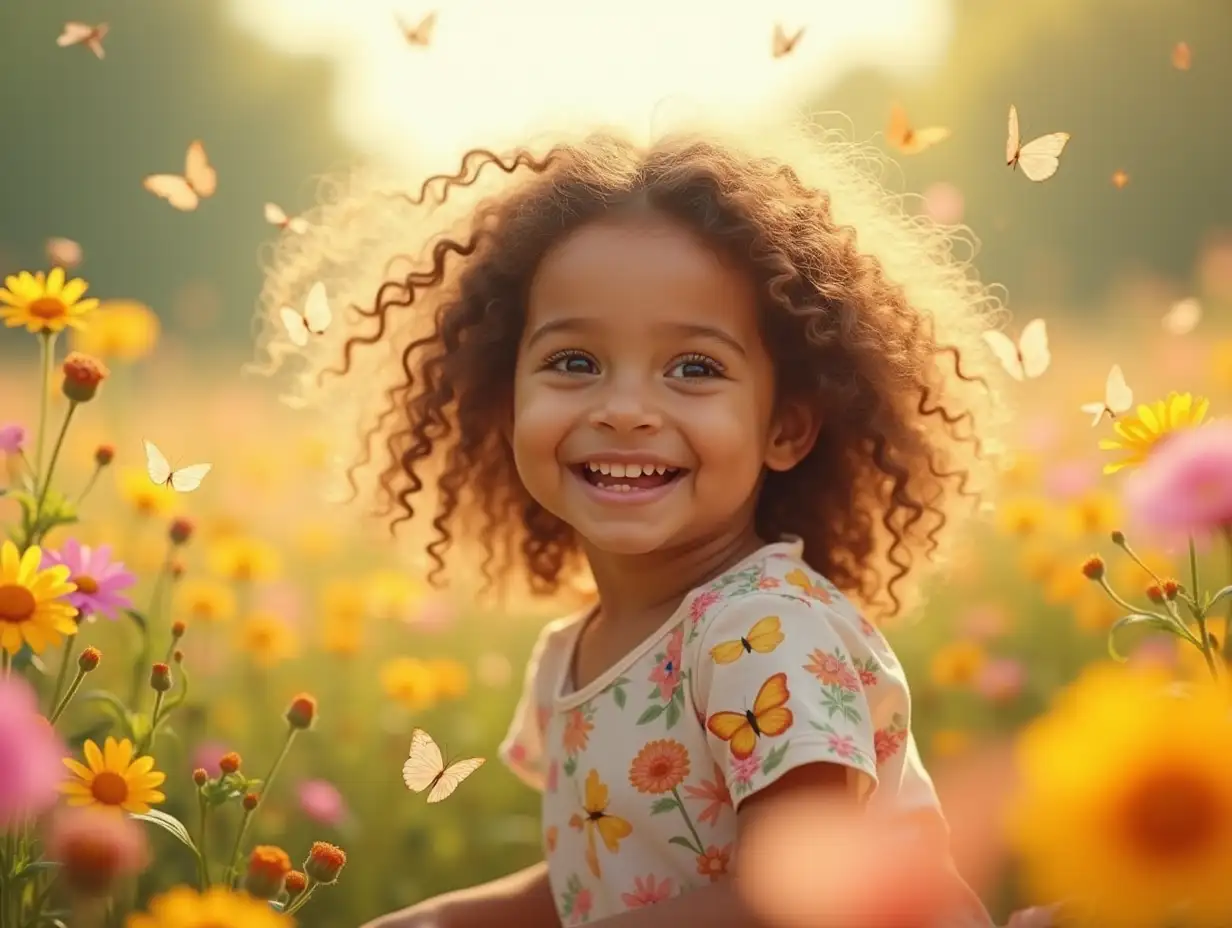 Create a stunning image that captures the essence of joy and innocence. The scene features a joyful little girl playing in a vibrant field of colorful flowers, her curly brown hair dancing in the breeze, sparkling brown eyes, and an innocent, heartwarming smile. Butterflies flutter gracefully around her, adding to the playful and magical ambiance. The background includes soft greenery and flowers in full bloom, with a variety of vibrant hues that emphasize the playful and magical atmosphere. The flowers should be meticulously detailed, with each petal and leaf rendered to perfection, creating a lush and inviting landscape. The lighting is soft and warm, casting a gentle glow that enhances the enchanting and delightful atmosphere. The interplay of light and shadow should highlight the textures of the flowers and the girl's hair, adding depth and realism to the scene. The composition should be balanced, with the little girl at the center of the frame, drawing the viewer's eye to her joyful expression and the vibrant field around her. The overall effect should be a visually striking and emotionally evocative image that brings a sense of wonder and happiness to the viewer's screen