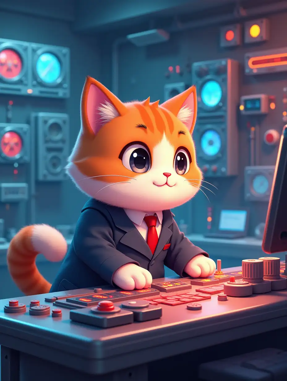 kawaii positive fluffy anime style fluffy multicolored an engineer cat in a formal suit presses a red button on a large shiny metal table with buttons and indicators in an a spacious, bright room with walls of panels dotted with colorful lamps, instruments and indicators with atmosphere of magical glow, paint in anime style