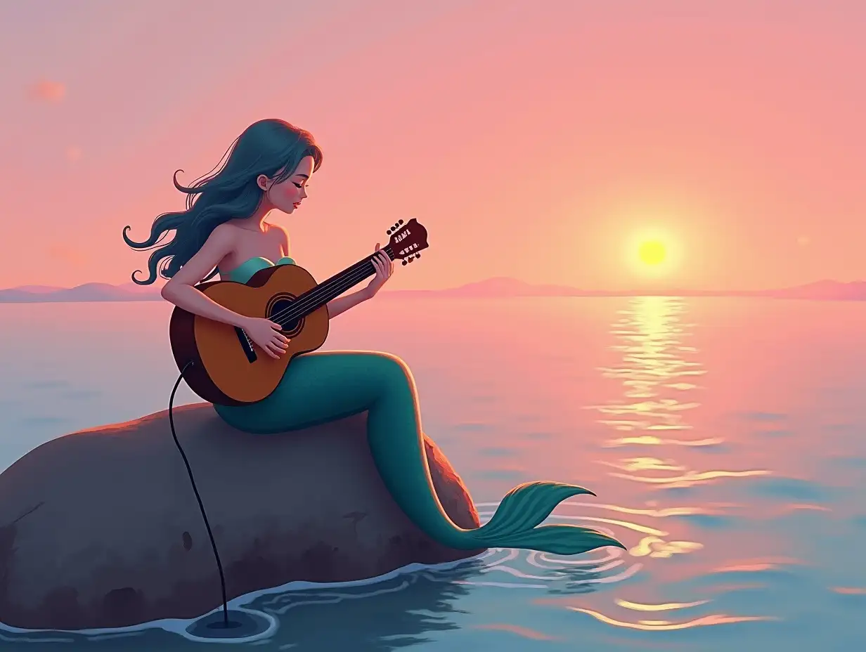 A painterly scene of a mermaid sitting alone on a smooth rock, strumming a delicate melody on her guitar during a pink sunset