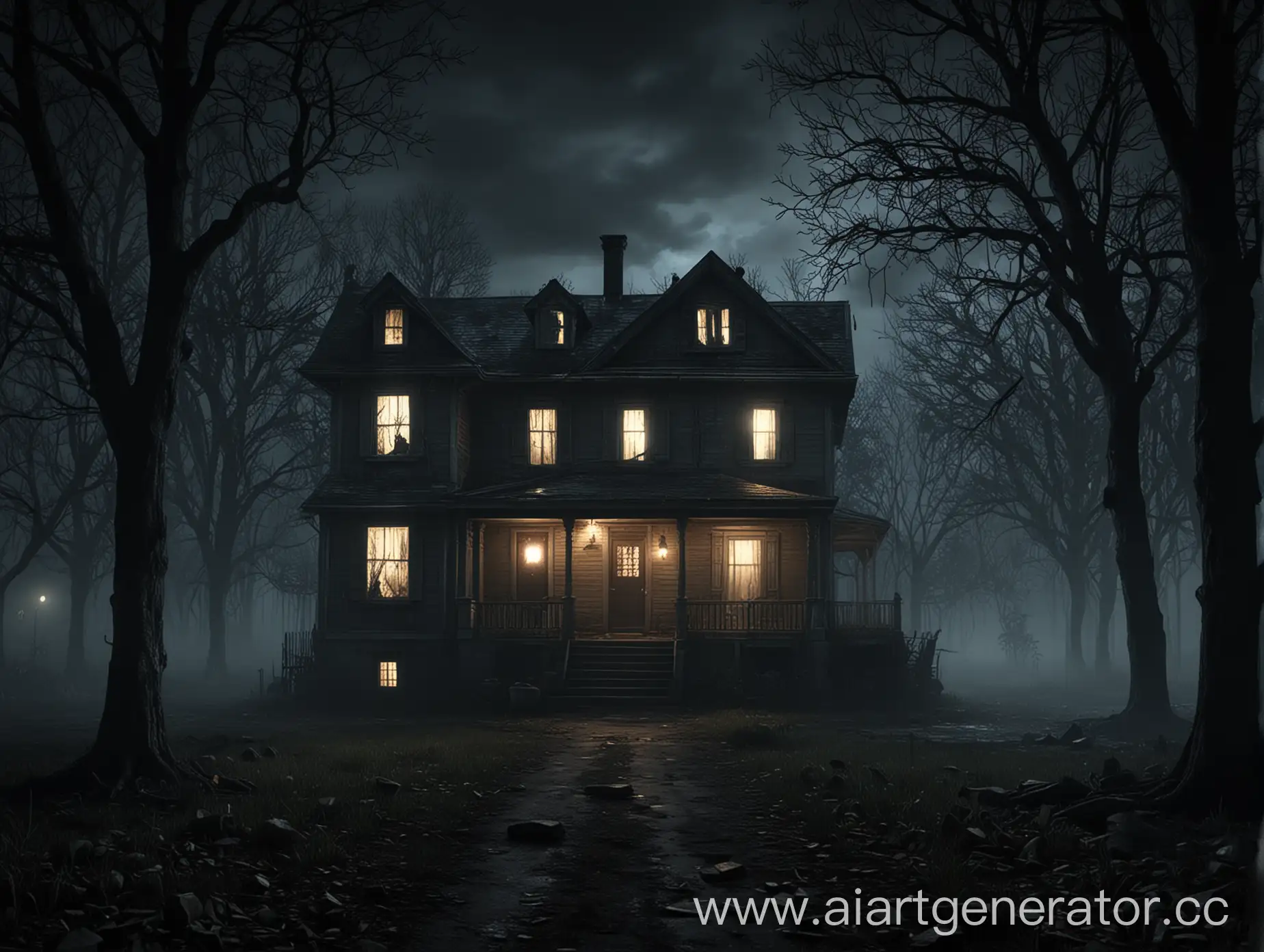 Night, scary house, around trees, ultra realistic, horror atmosphere, turned off lights, one floor house, in front of camera