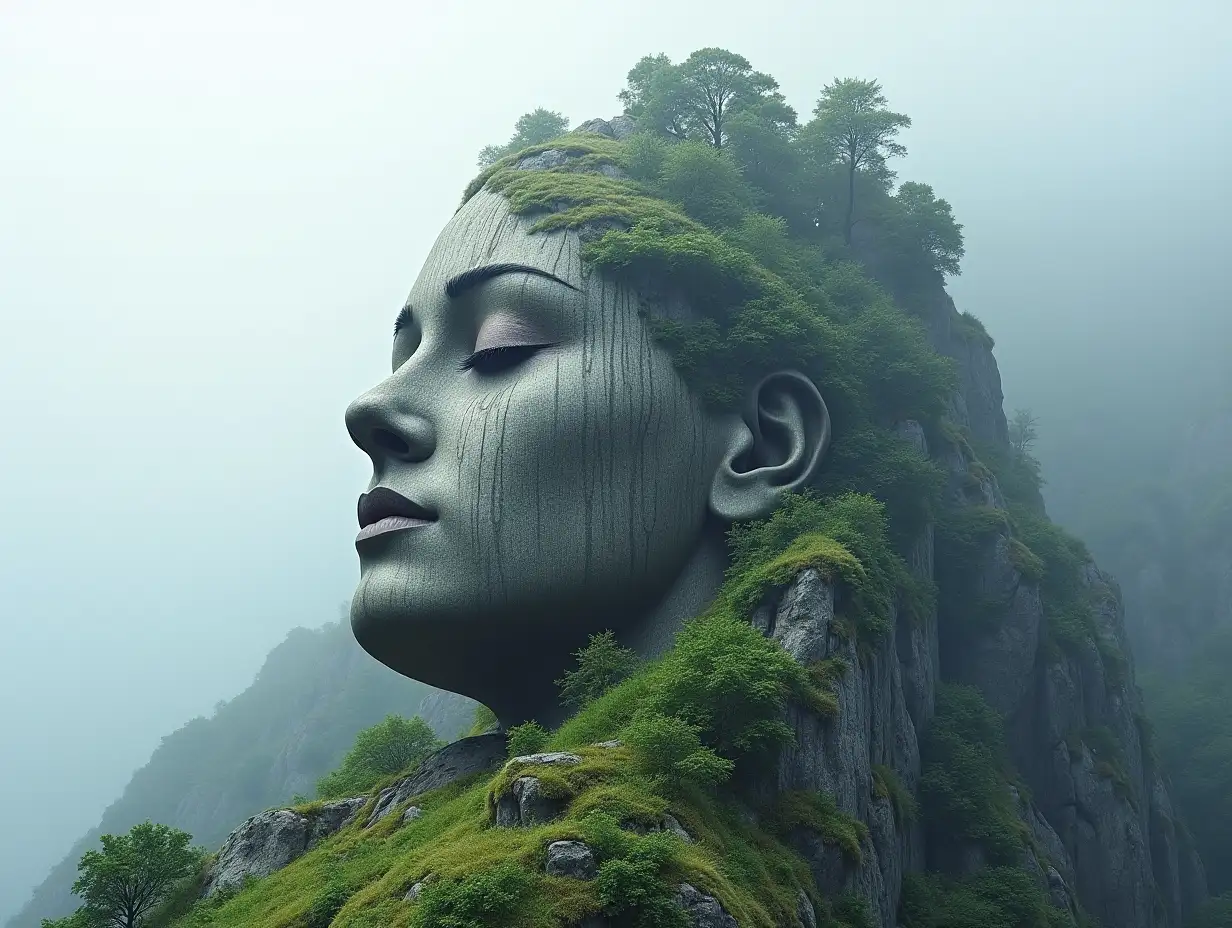 Face transformed into a building on a high mountain