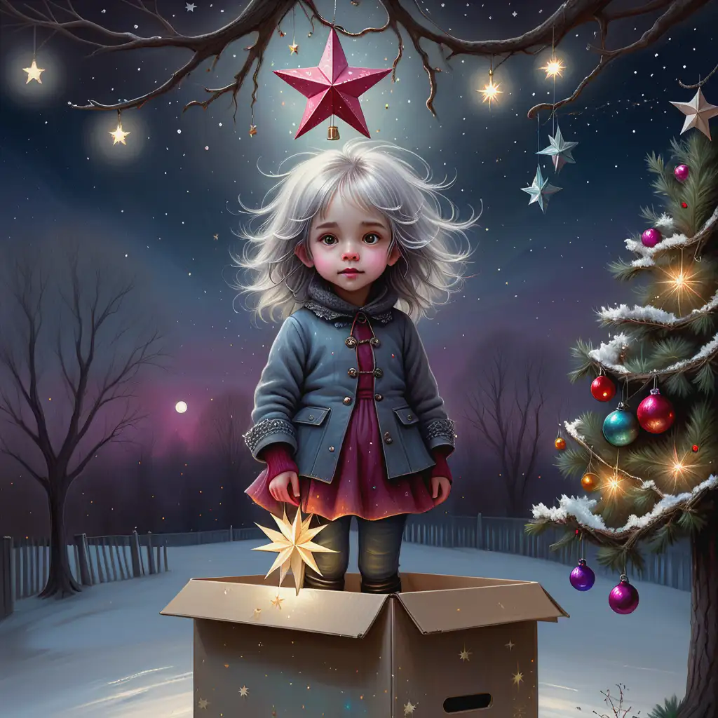 Whimsical Girl Decorating Christmas Tree at Moonlit Winter Night