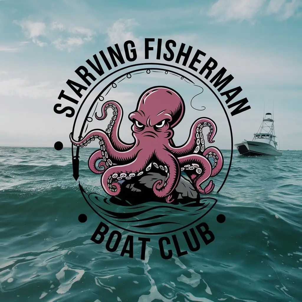 LOGO Design for Starving Fisherman Boat Club Angry Octopus Wave and Ocean Fishing Theme