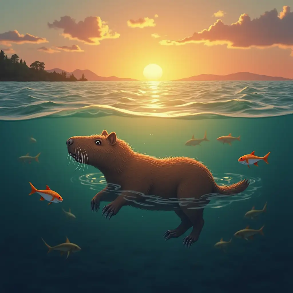 Capybara swims in the sea at sunset, with fish swimming around