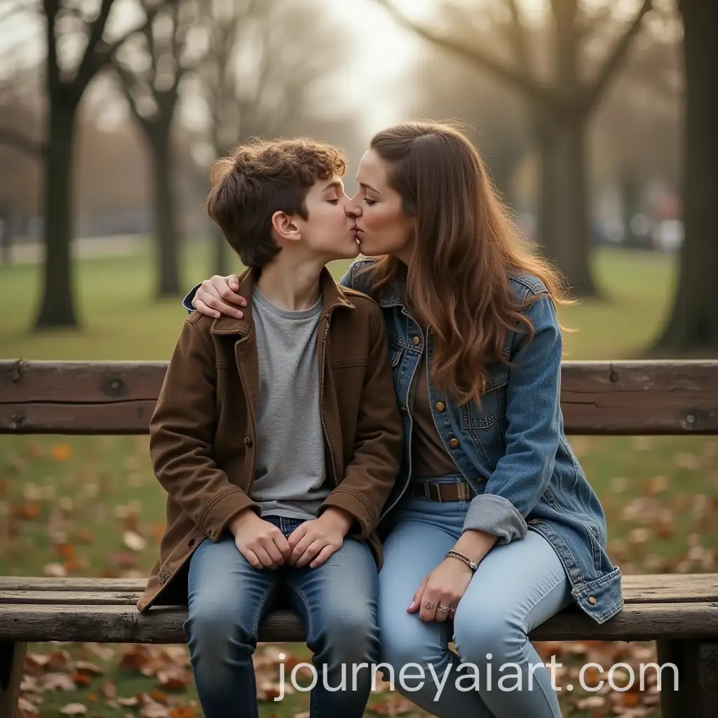 Woman-and-Boy-Sharing-a-Kiss-on-a-Bench-in-a-Serene-Park-Setting