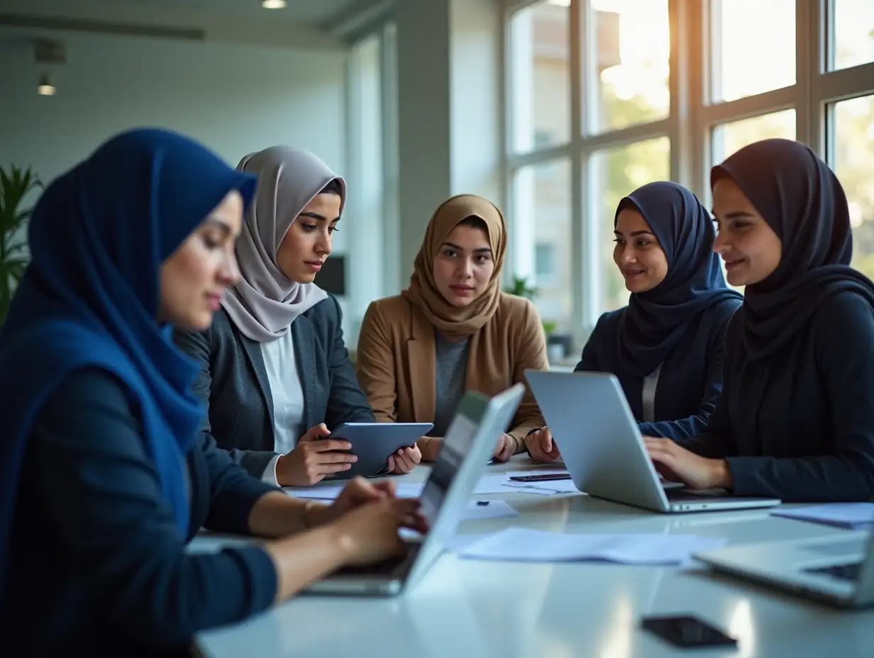 A hyperrealistic photograph of a diverse team of young Iranian professionals collaborating in a bright, modern office. The women in the team are wearing hijabs. The team is brainstorming and working on laptops and tablets, with a focus on teamwork and innovation. The faces of the team members should have distinct Iranian features. The color palette includes deep indigo/purple-blue, white, and light gold, reflecting the brand's identity. The atmosphere is energetic and creative, with a focus on cutting-edge technology and expert collaboration.