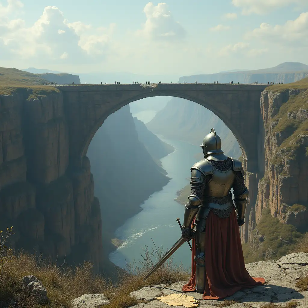 A knight in heavy armor stands before a broken, crumbling bridge that spans across a vast canyon. The knight hesitates, one hand on their sword, the other holding a map that is torn and faded, representing the uncertainty of life’s decisions and the courage required to move forward despite unknowns.