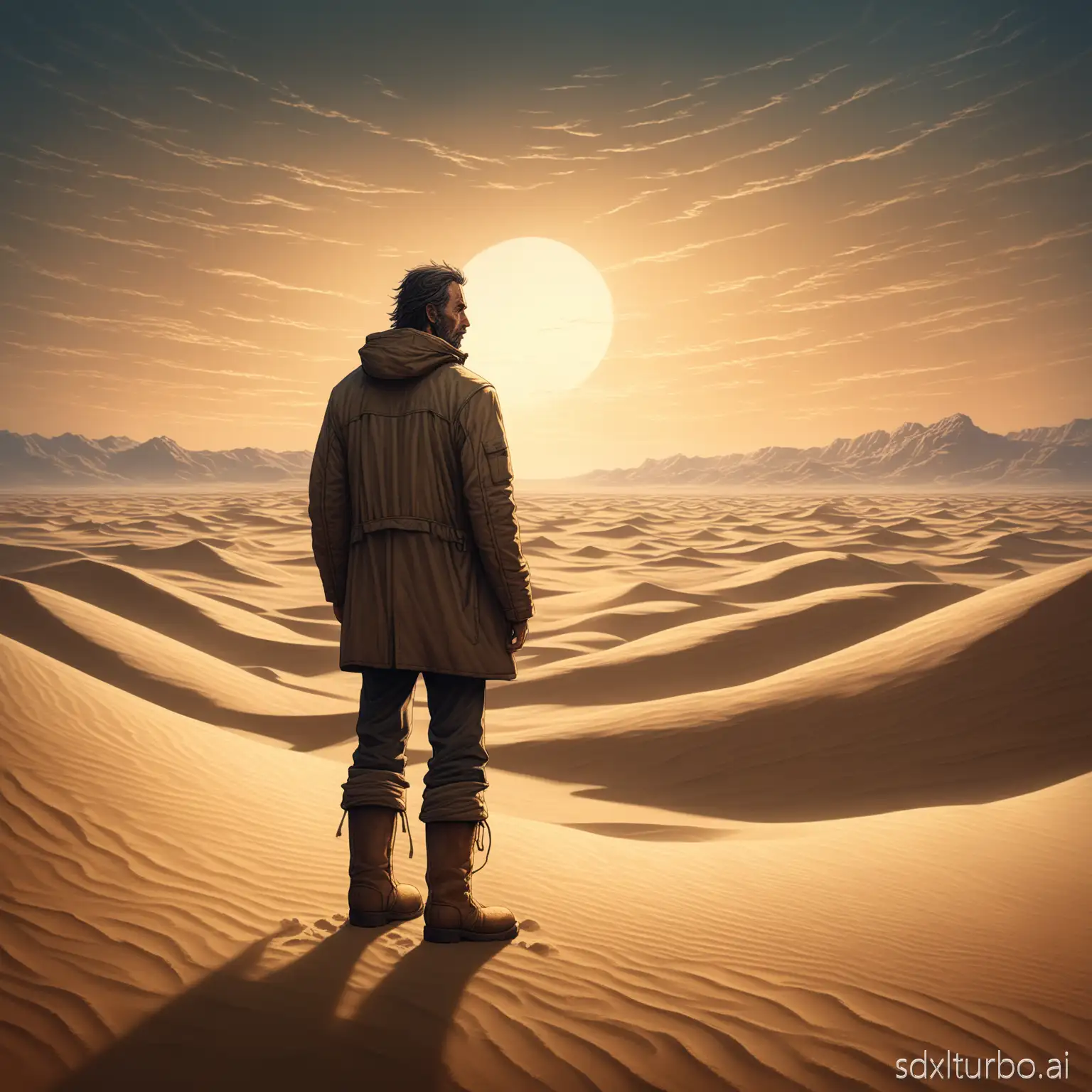 A rugged man standing alone in a vast desert at dusk, cinematic composition with painterly textures, ultra-realistic lighting, soft shadows, and detailed linework. The style is inspired by hand-drawn animation with a realistic, atmospheric tone. The man's face is weathered, with intense expression, wearing a wind-worn mountaineering jacket and boots. Warm golden hour lighting casts long shadows over rippling sand dunes. Background features vast open skies and distant rocky silhouettes. High-detail environment, textured brush strokes, moody and contemplative atmosphere. Realistic anime style, soft gradients, and natural colors.