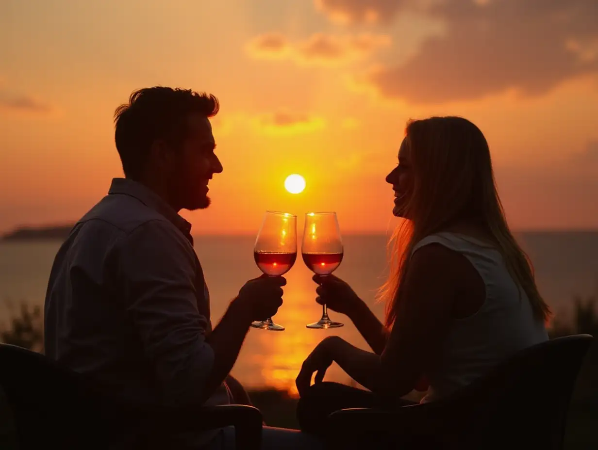 Couple having wine at sunset