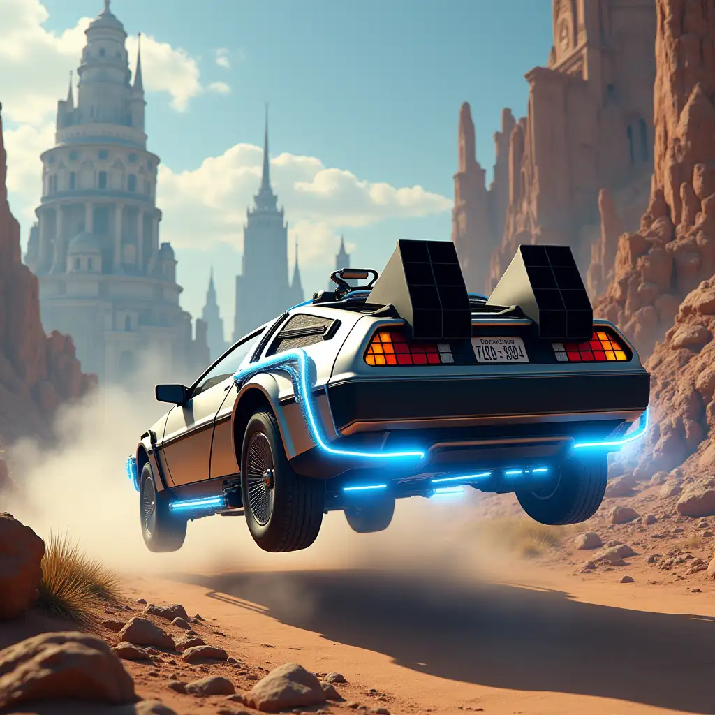 DeLorean-Time-Machine-in-MidFlight-Over-a-Surreal-Landscape