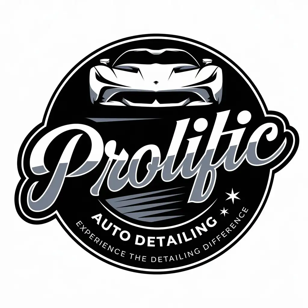 LOGO Design for Prolific Auto Detailing HighGloss Metallic Black and White with Cursive Script and Car Silhouette