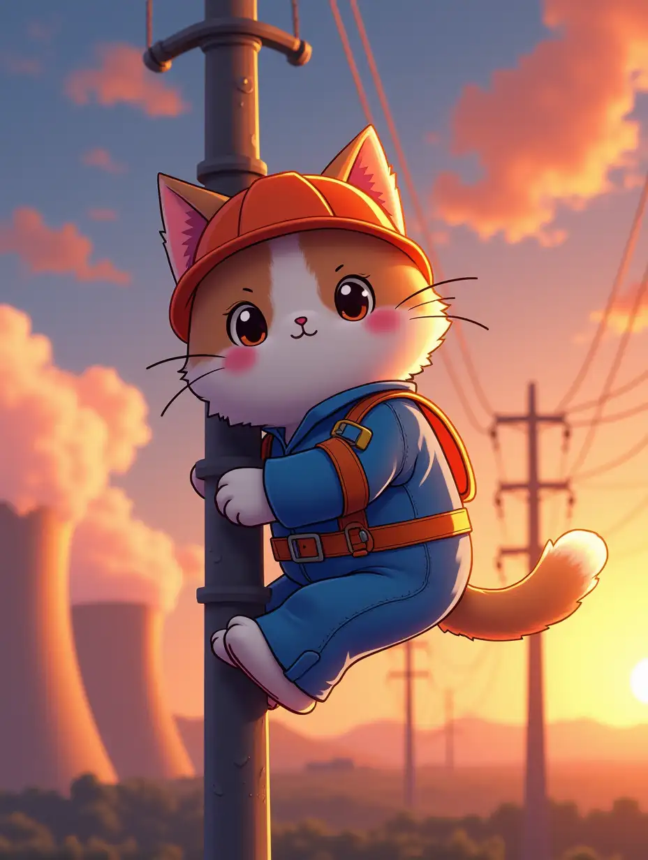 kawaii positive fluffy anime style fluffy multicolored an electrician cat in a blue jumpsuit with a safety belt and an orange helmet climbs onto a power line support, in the background, in the sunset rays, a nuclear power plant in an atmosphere of magical glow, paint in anime style