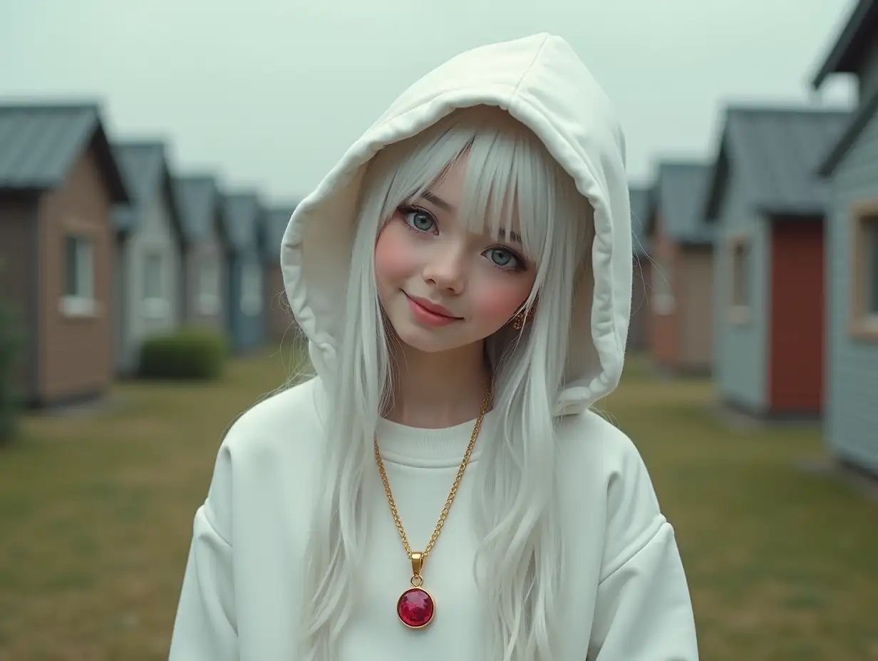 Realistic image 3,13 year old girl with long white hair wearing a white sweatshirt,ruby gold necklace with a slight smile on her face,hood on her head,emphasizing her smile,modern jewelry,in a park with many houses in Cyberpunk 8k quality