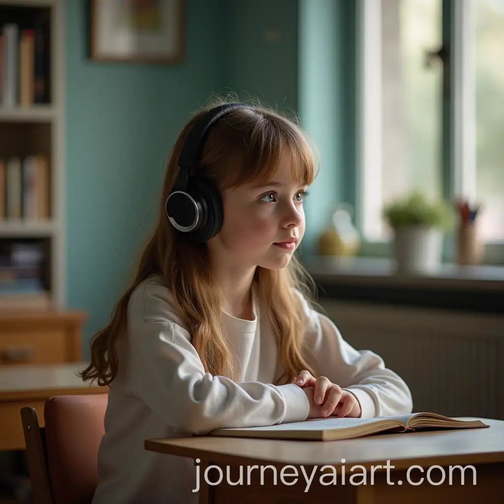 Young-Girl-in-School-Listening-to-Music-and-Daydreaming