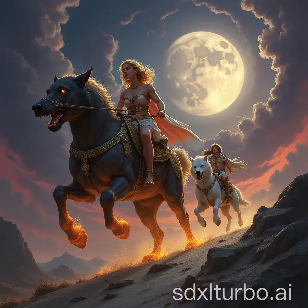 Norse-Mythology-Painting-Sol-Goddess-of-the-Sun-and-Skll-the-Ferocious-Wolf