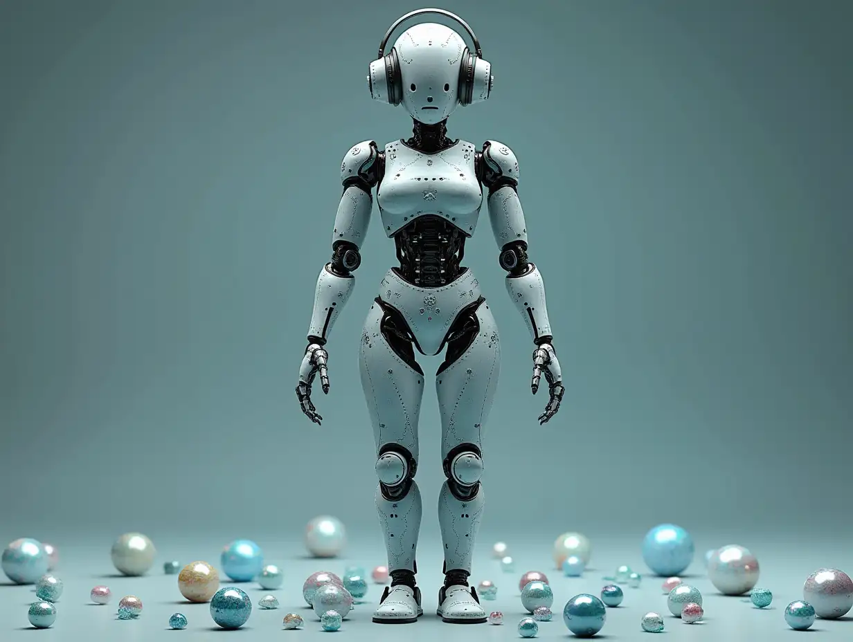 Create a high-resolution, realistic image of artificial intelligence (humanoid mixed Fractals patterns, two meters tall, with headphone arms and legs, with screws) and many small glass balls on the floor in a 4K resolution.