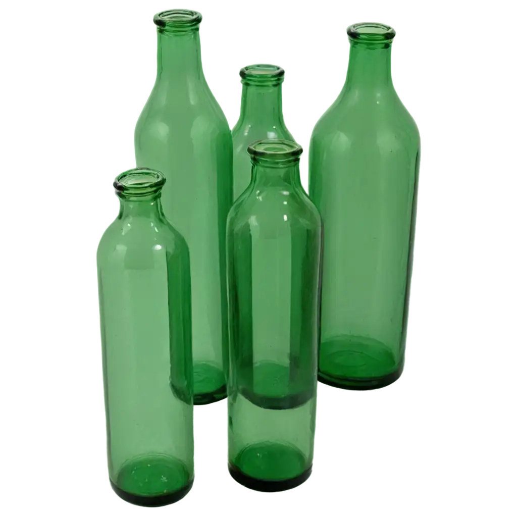 Seven big cylindrical old green Russian glass water bottles