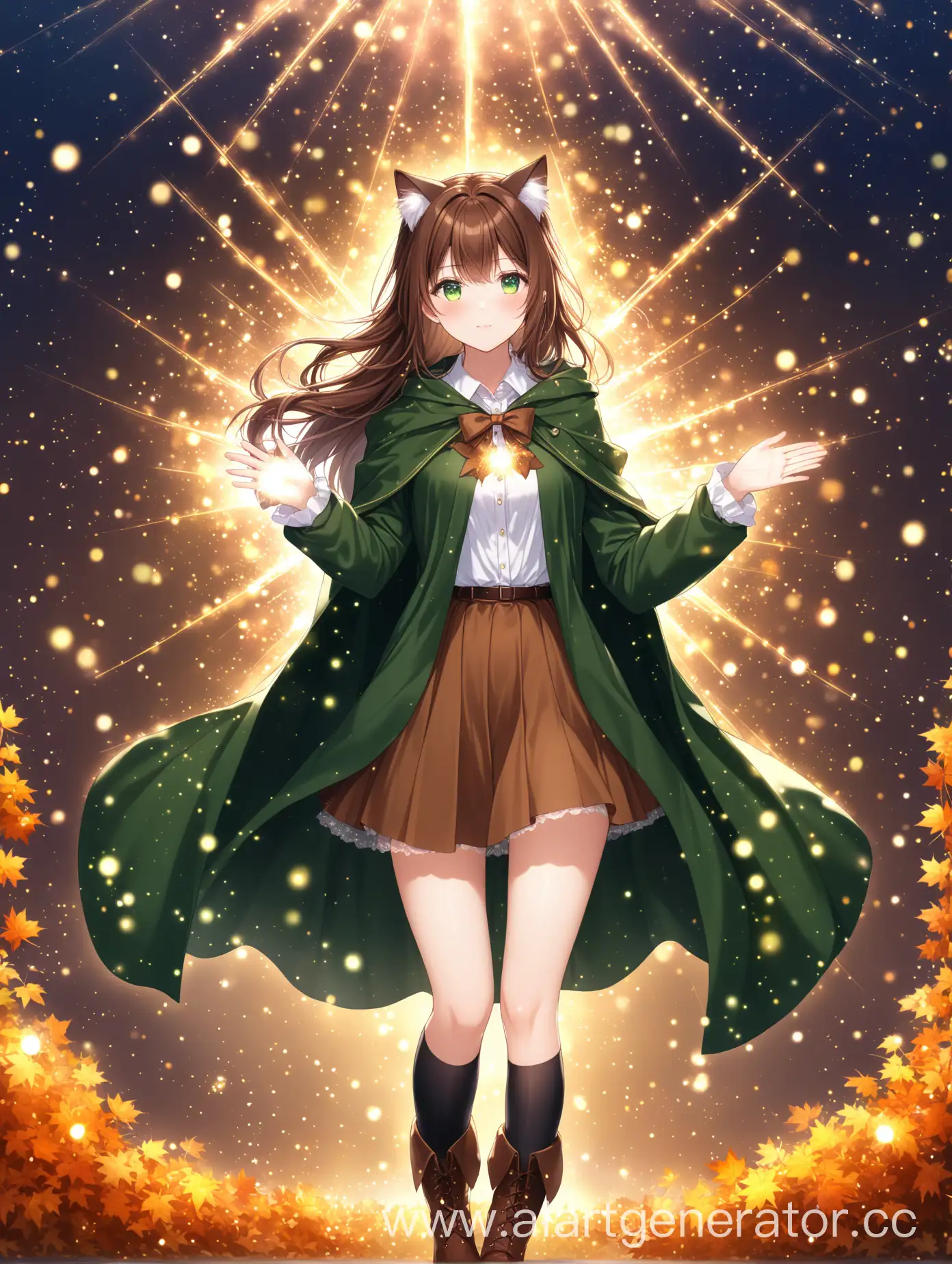 A girl with cat ears, shoulder-length brown hair, green eyes, wearing a hunting green cloak, black stockings, a white long-sleeved blouse, brown autumn boots, a brown skirt above the knees, magic particles around her hands