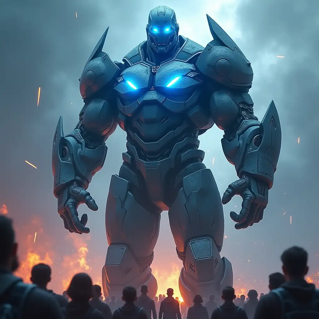 Man titan big muscles, blue burning skin glowing eyes cyber armor 10 meters tall, many people