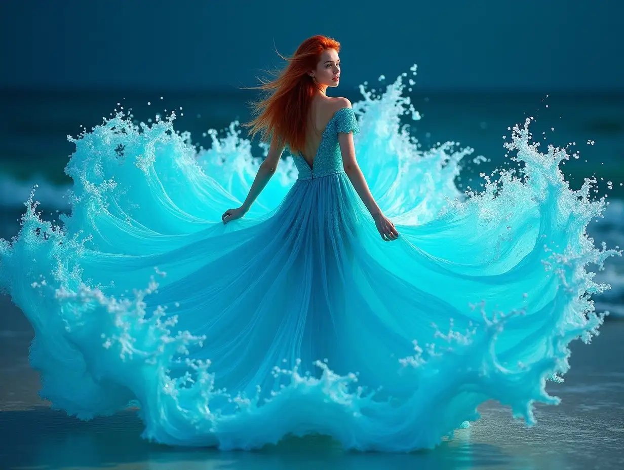 A stunning and surreal image of a redheaded girl wearing an intricate aqua dress made entirely of water waves, creating a mesmerizing and visually stunning effect. The girl is shown in a graceful pose on the seashore, and the water seems to flow out in a dramatic fan-like shape. This image can be created using the following vector. Woman in an elaborate aqua dress made entirely of water waves, thick and long hair, blue eyes, night, by Dmitry Kostanovich, Photoshop, Felicia Semyon, UHD image, Ekaterina Panikanova, shiny and bright, HDR, dynamic mode, 32kb, sharp focus, illustration. by Sasan.