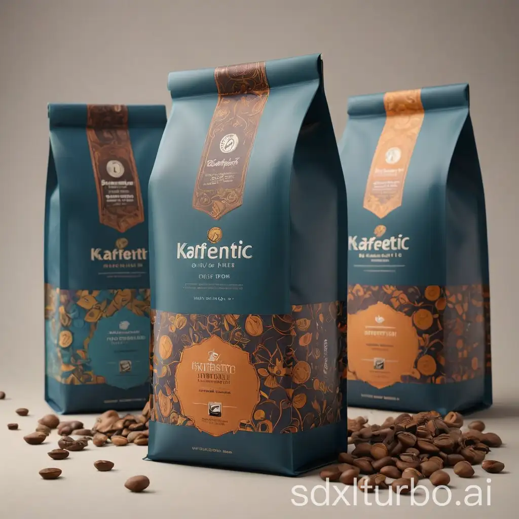 Create three premium coffee packaging mockups for a specialty coffee brand, 'Kaffenitic.' The bags should be sleek and modern with bold, elegant designs. Each bag should have a unique, vibrant color representing different coffee blends. The first bag should be a rich dark brown with a minimalist, sophisticated logo and the words 'Kaffenitic Espresso Blend' along with tasting notes like 'chocolate, caramel, vanilla.' The second bag should have a deep teal color with 'Ethiopia Yirgacheffe' blend, featuring tasting notes such as 'floral, citrus, bergamot.' The third bag should have a deep blue color with 'Colombian Supremo' blend, including notes like 'milk chocolate, nuts, caramel.' All bags should highlight 'female-owned, female-made' at the bottom, and have moderate roast level indicated.