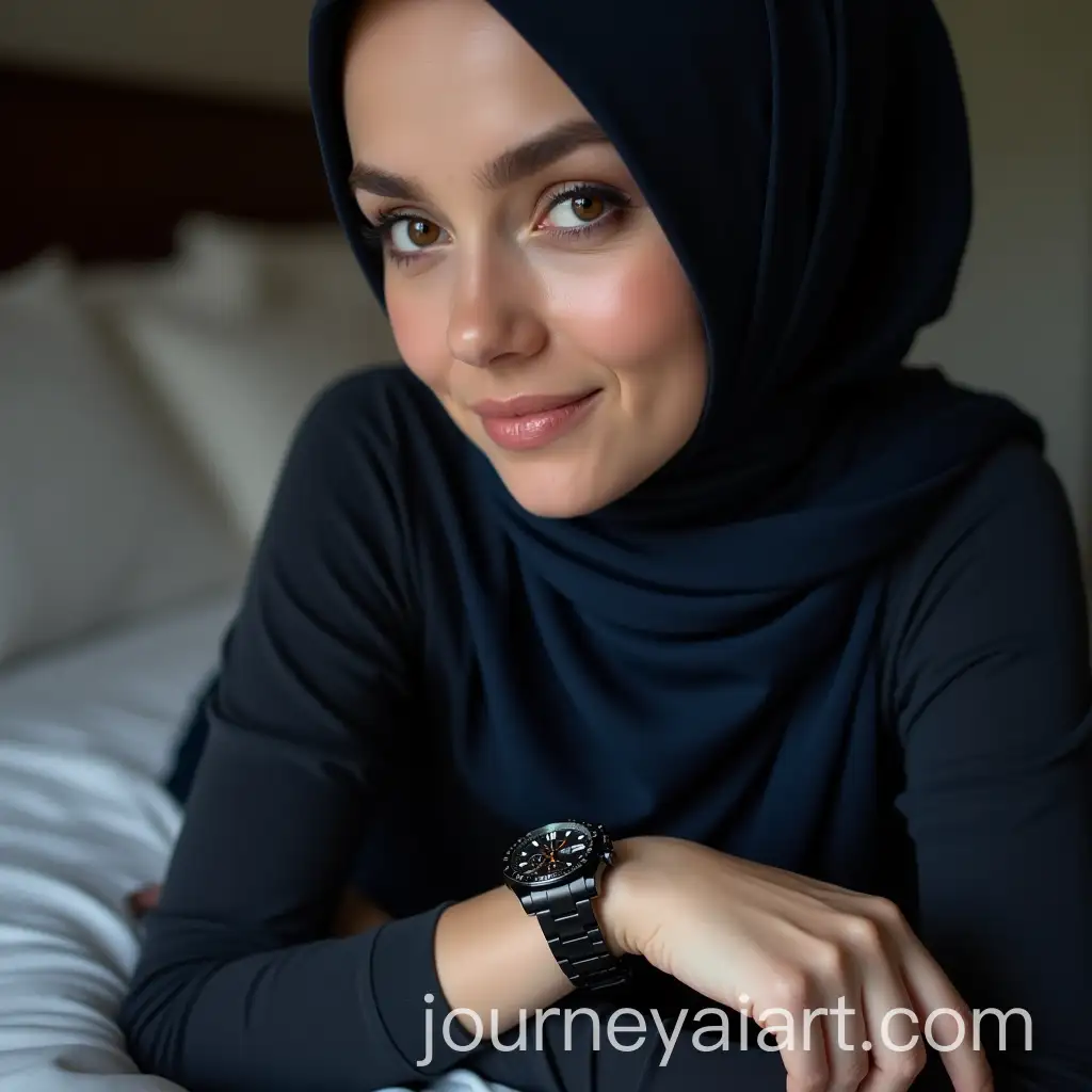 Muslim-Woman-in-Dark-Blue-Hijab-with-Black-Sporty-Chronograph-on-Bed