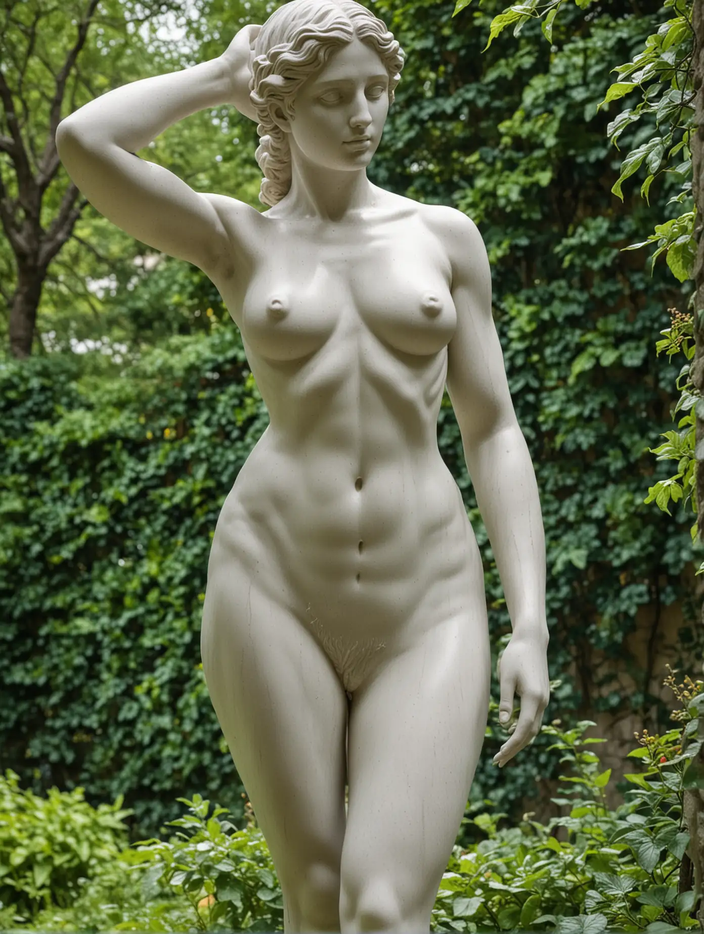 Marble-Statue-of-a-Nude-Girl-Standing-in-Lush-Green-Garden