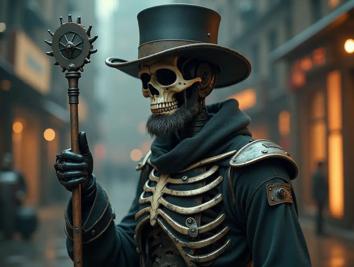 Create a high-resolution, realistic image of a robot with a skeletal body, skin color with gloves and beard, eyebrows, a sweater, a Cyberpunk top hat and a morning star in hand 4K resolution (Steampunk 8K quality)