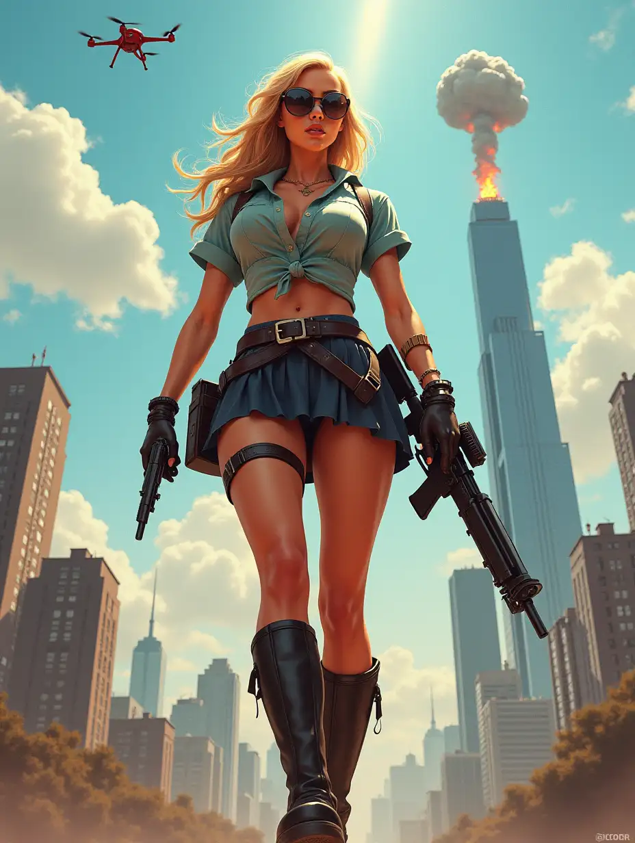 Wide-angle digital painting, (Beautiful large breast woman in stylish school uniform, combat boots, very extreme midriff showing, short skirt, and sunglasses : 1.3), Triangular composition, Dynamic full-length pose, Confident expression, (Armed mercenary: 1.3), Gun grip, Supporting pose, City background, Skyscrapers in the distance, nuclear explosion in extreme distance, two small targeting drones above, (Bright sunlight: 1.2), Sharp contrasts, Bold colors, Clear details. female mercenary in cool cyberpunk style in colorful fantasy style, realism, post-apocalyptic landscape, cartel, bald rod, oil painting, rod Nostalgia, strong emotions, low angle, high detail, sharp focus