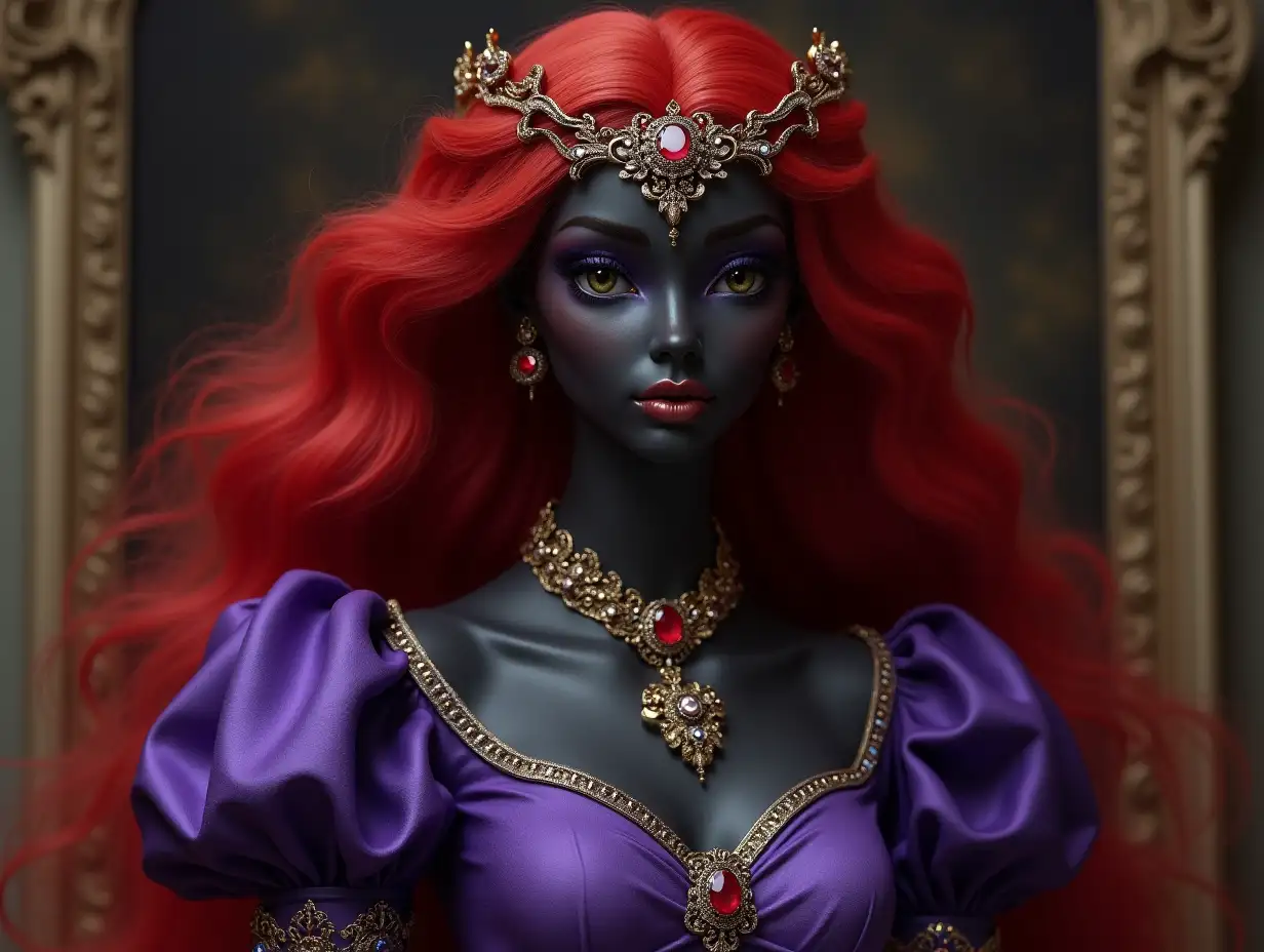 mythological black princess red hair purple dress chain with stone and sapphire on a ball portrait 75mm