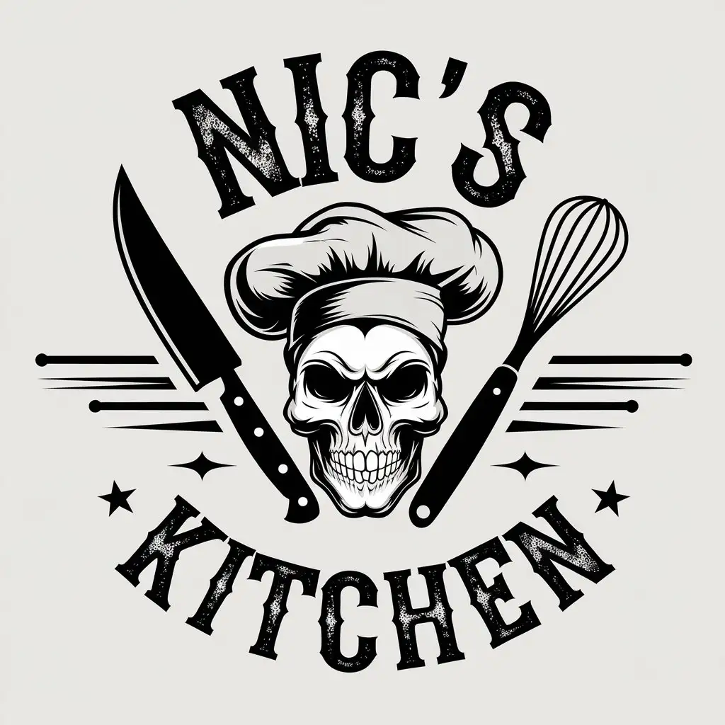 LOGO Design for NICS KITCHEN Bold Vintage Skull with Chefs Hat Knife and Whisk in Monochrome