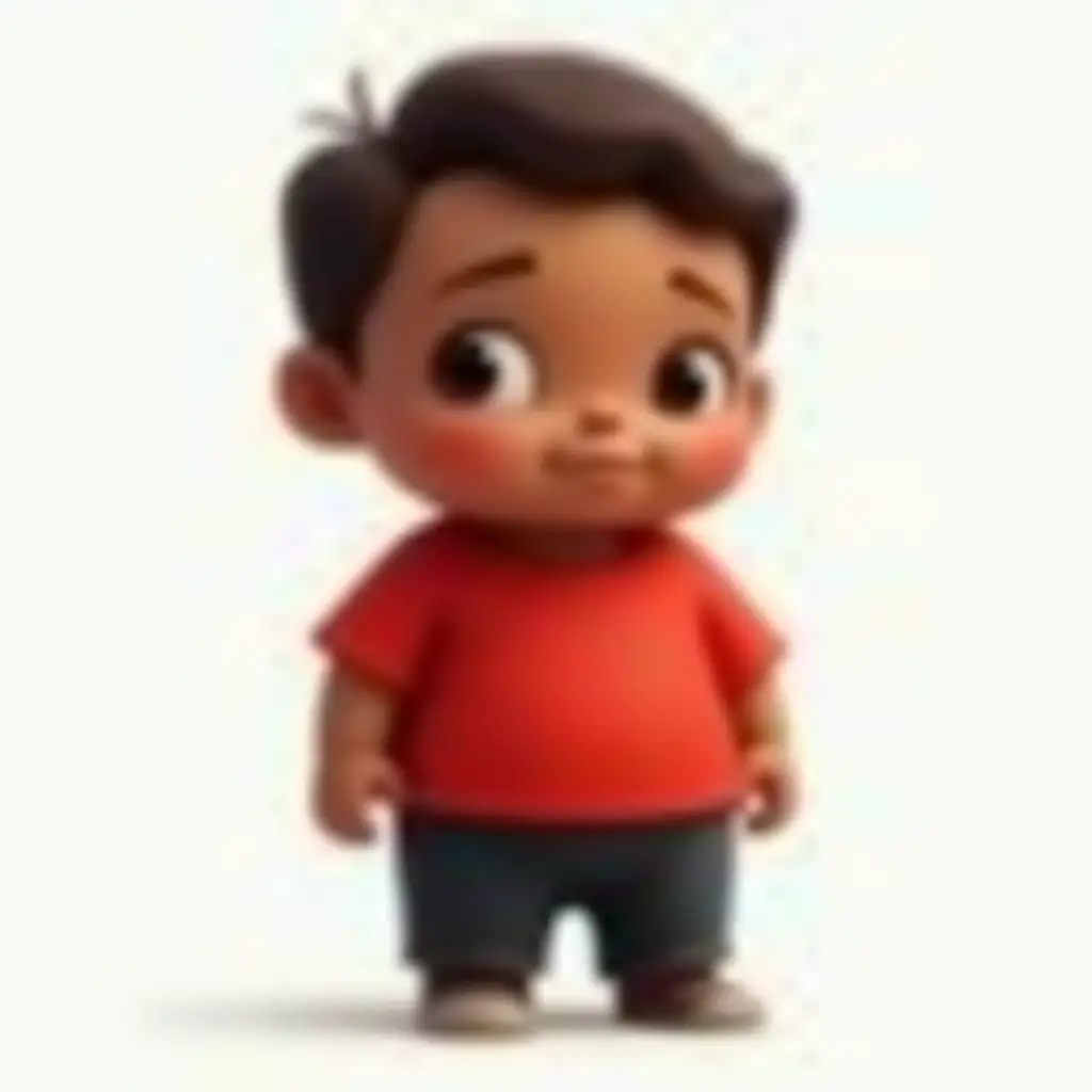 Character of small boy, chubby, brown-skinned, wearing red shirt, wearing black pants