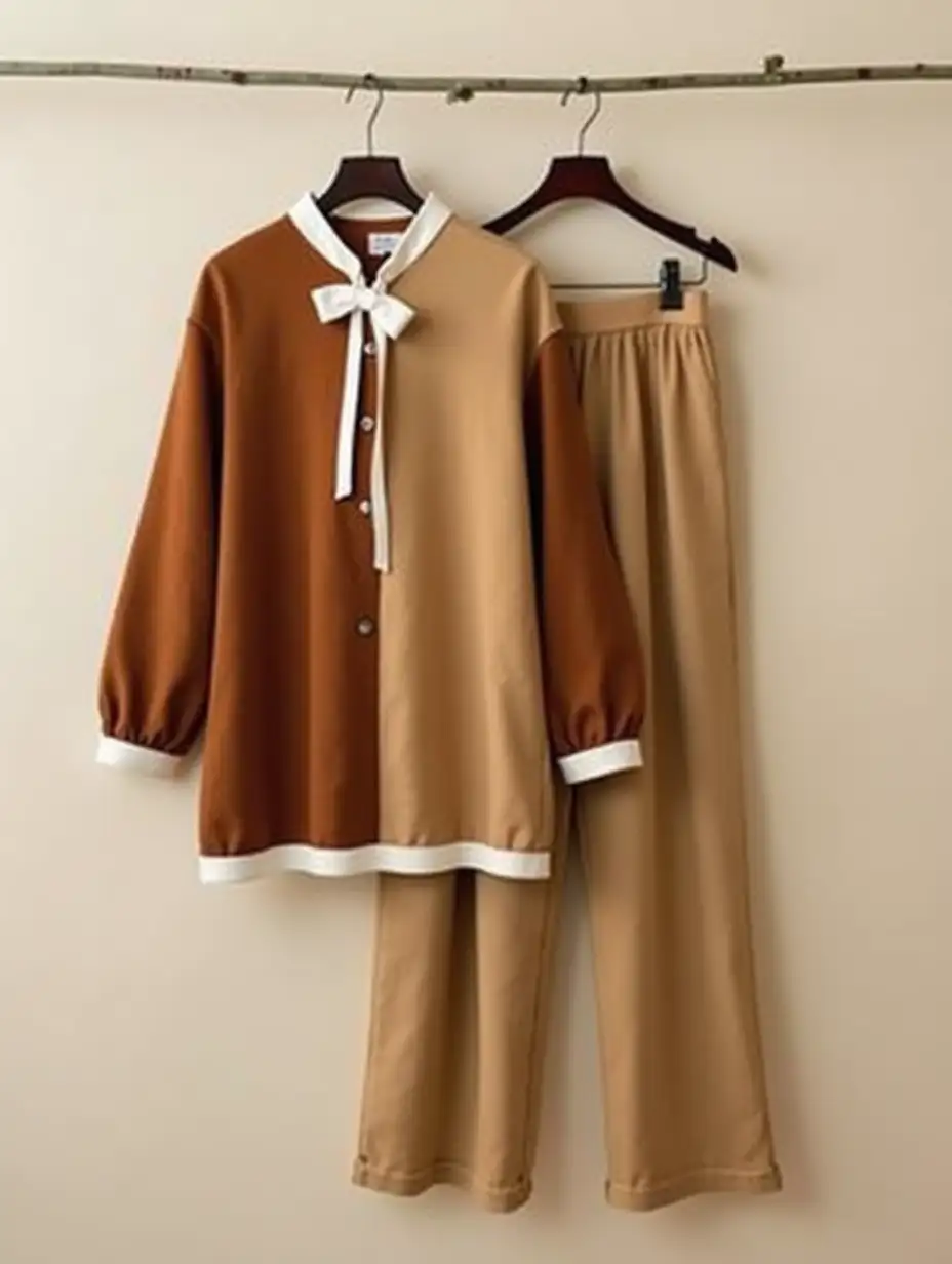 A stylish brown outfit hanging on the wall. This outfit includes a long-sleeved top and wide-leg pants. The top has a white bow decoration at the neckline, a patchwork color design, and white trims on the cuffs and hem. The color of the wide-leg pants is consistent with the top, and the pants are hung behind the clothes to show the complete outfit. The picture is high-definition