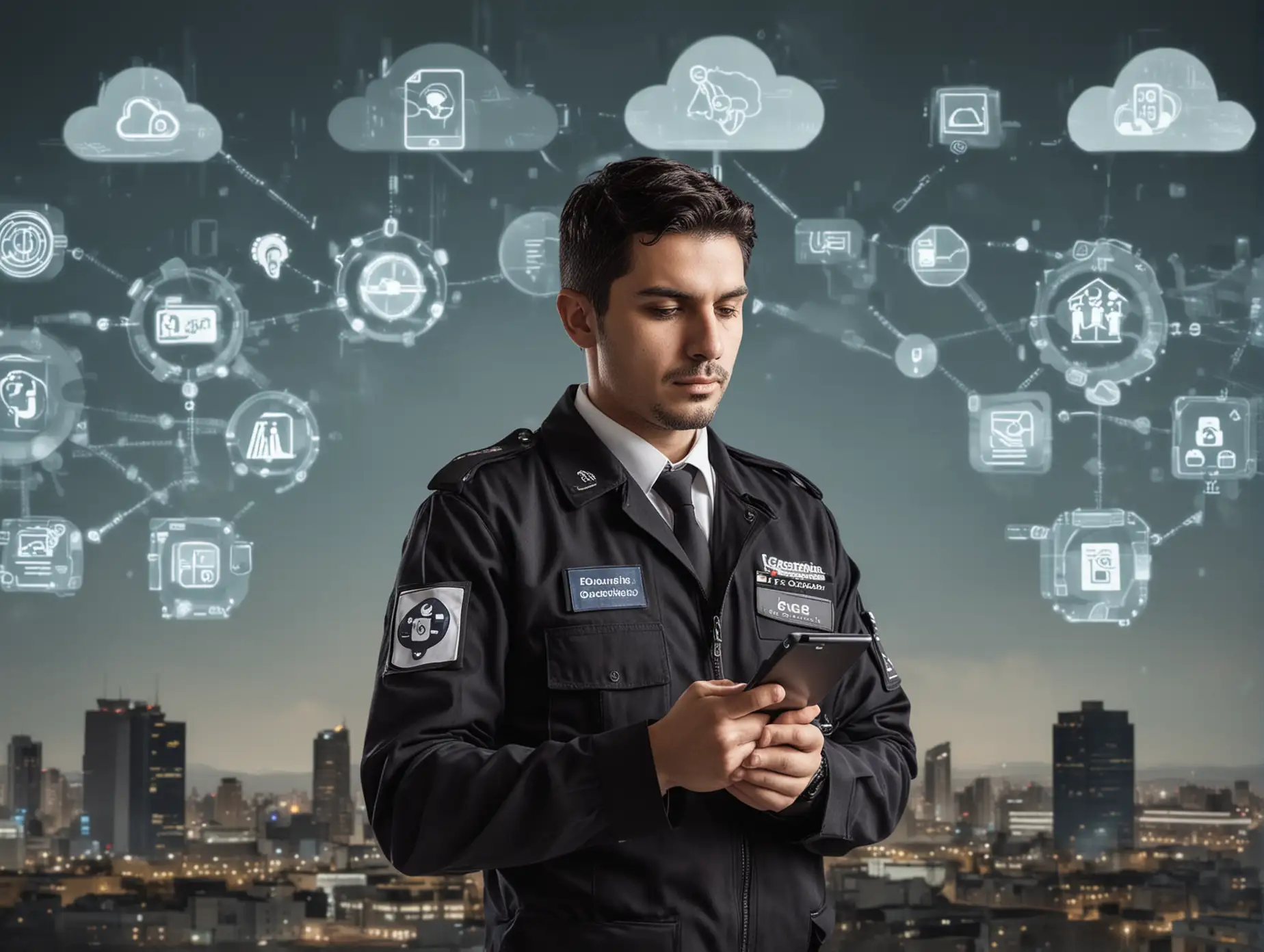 Argentinian Security Guard Monitoring Rounds with Tablet and Digital Security Icons