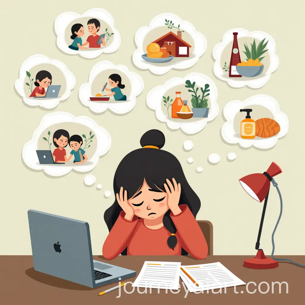 Stressed-Girl-SurroundedAI-Image-Prompt-Expansion-by-Thoughts-of-Work-Family-and-Daily-Life