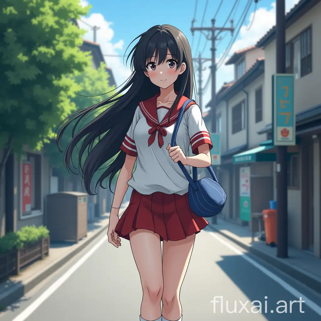 a pretty girl with JK, long black hair, Japanese Street, Hayao Miyazaki, anime, white kneesocks