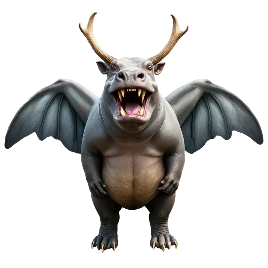 CREATE A HIPPOPOTAMUS WITH TWO HUGE WINGS AND WITH TWO HUGE DEER HORNS AND WITH TWO HUGE  FANGS