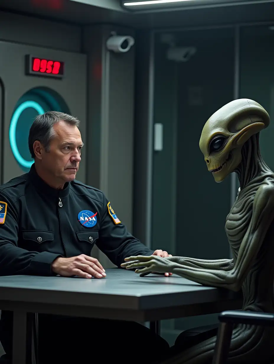 A NASA officer, with a serious expression, sits in front of a metal table, while an alien, with an intriguing and unfamiliar appearance, stares at him from the other side. The room is filled with advanced technology, and a surveillance camera in the corner adds a touch of tension.