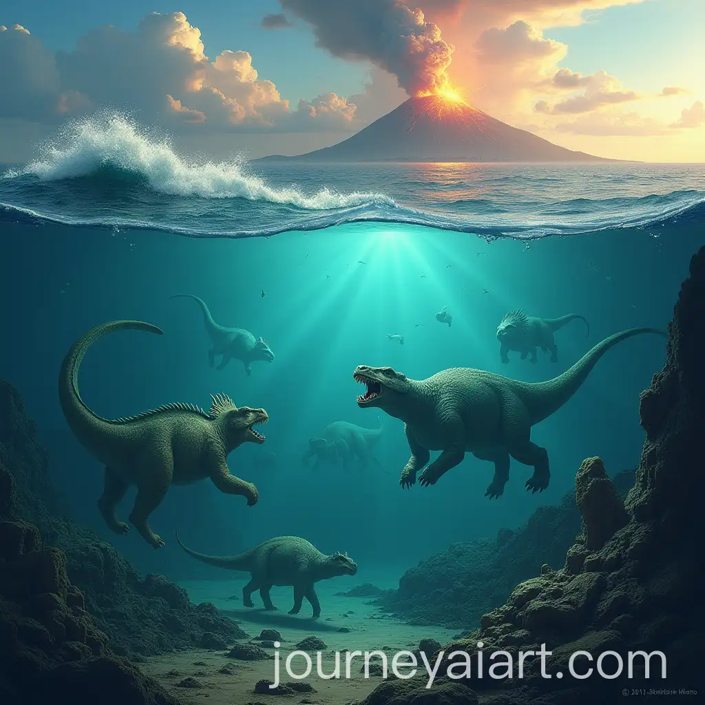 Submerged-Civilizations-and-Prehistoric-Animals-on-Ocean-Waves-with-Erupting-Volcano