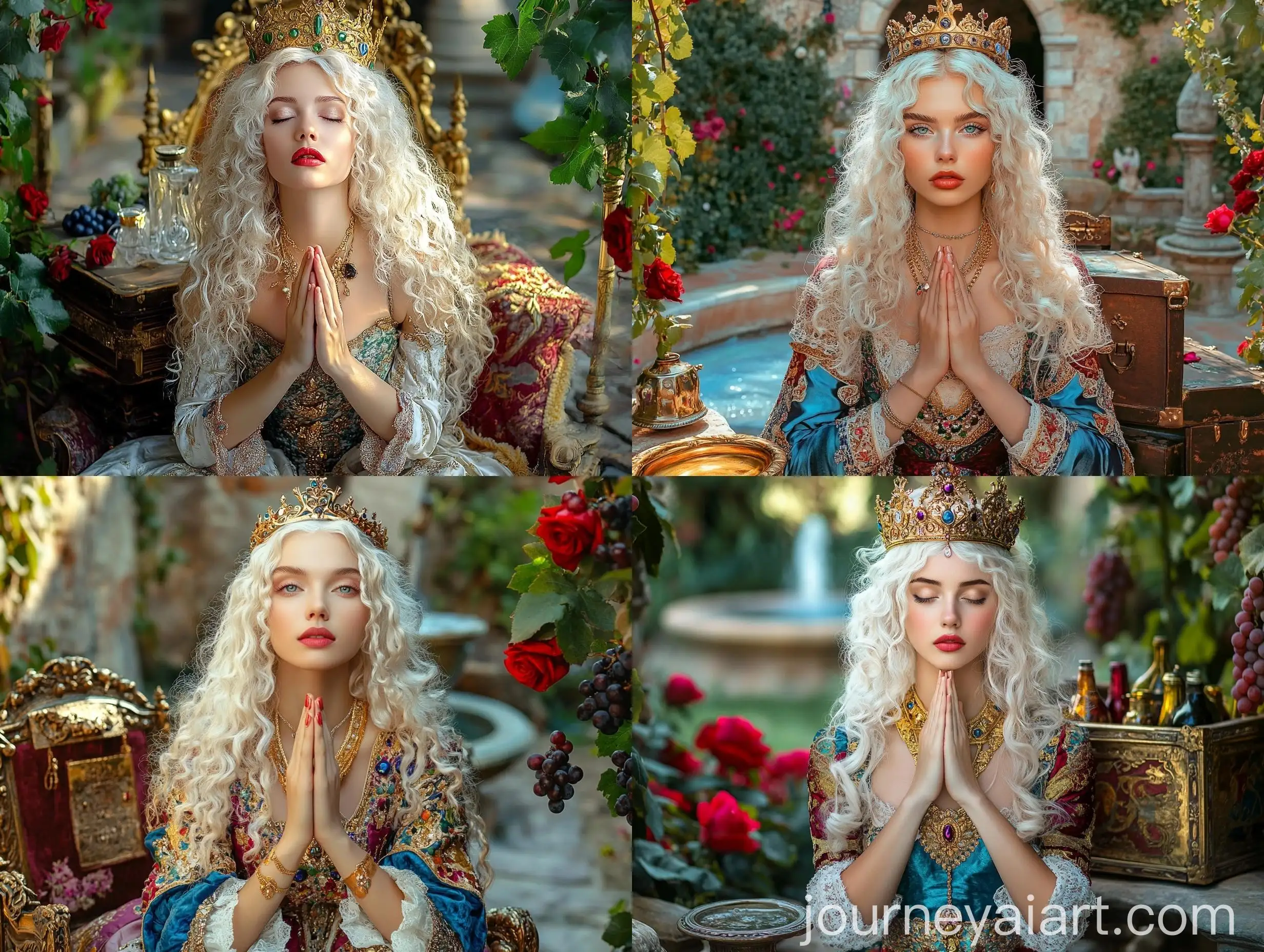 Medieval-Queen-in-Prayer-with-Castle-Garden-and-Jewels