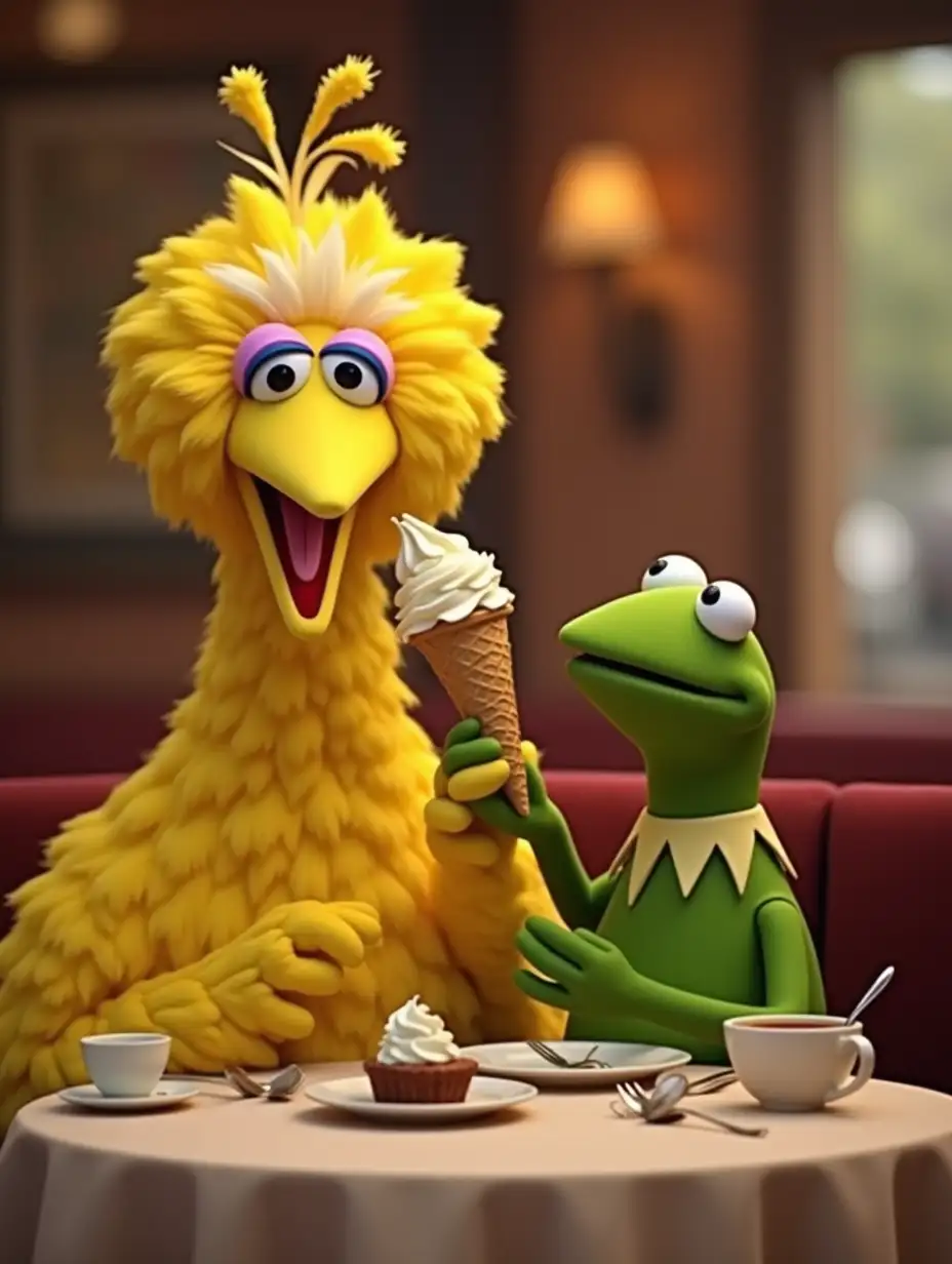 Big bird and Kermit the frog are having dessert after eating dinner at a restaurant. Big bird is licking a vanilla soft serve ice cream cone and Kermit is drinking a cup of tea.