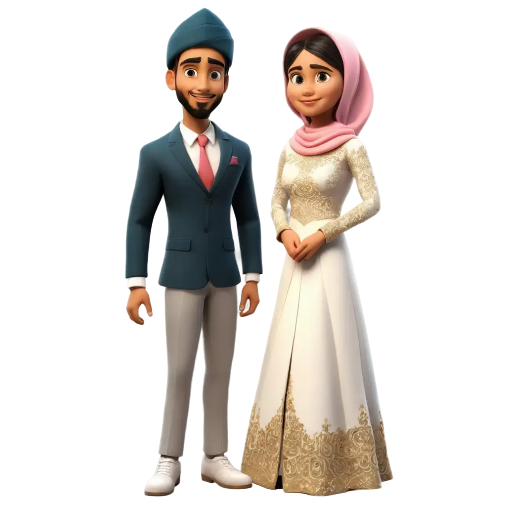 3D-Disney-Cartoon-of-Muslim-Indian-Groom-Looking-at-His-Hijabist-Bride-PNG-Image