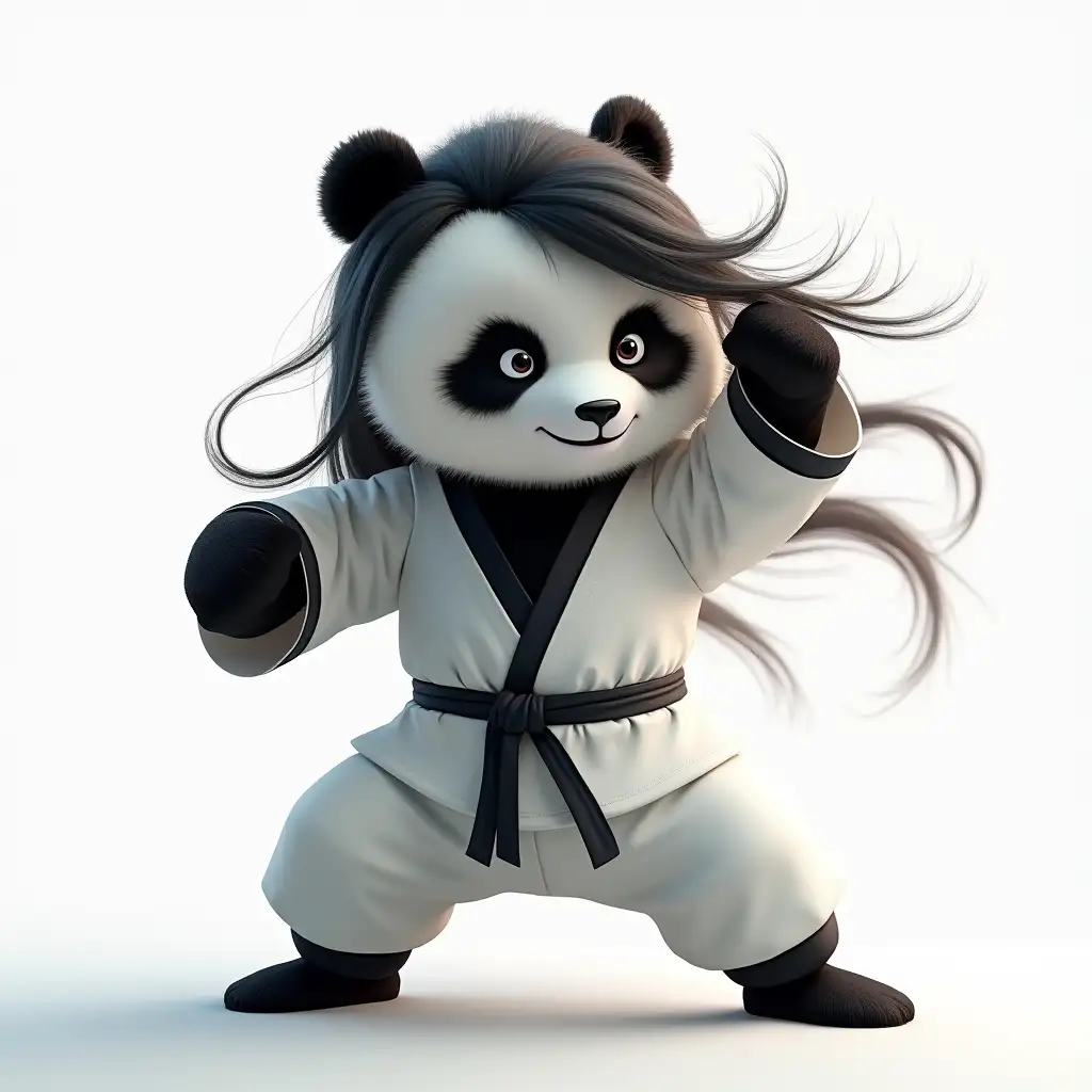 create a detailed and high resolution, hyper realistic cinematic photo, the photo is head and shoulder portrait,  a cuddly panda fighter pose in three-quarter, ensure panda wear white anicent kung fu long outfit. ensure the panda also has straight long black hair over his head, and the black hair waving in the air and hair cover across panda's nose and mouth, ensure the panda looks slightly like a human face with fierce and determined with furrowed eye  brows. the environment light are from right hand side. the background is white color