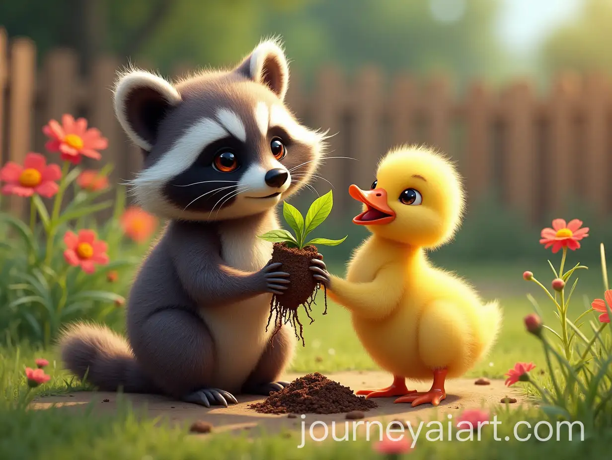 Raccoon-and-Duckling-Playful-Gardening-in-a-Colorful-Garden