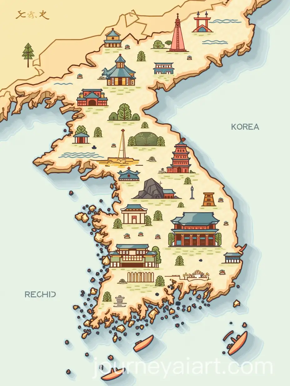 Book-Cover-Featuring-a-Map-of-Korea-Highlighting-Iconic-Landmarks