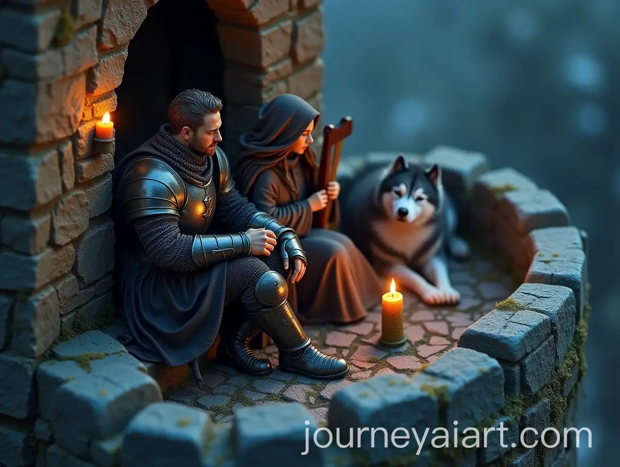 Medieval-Knight-and-Bard-on-Castle-Tower-with-Siberian-Husky