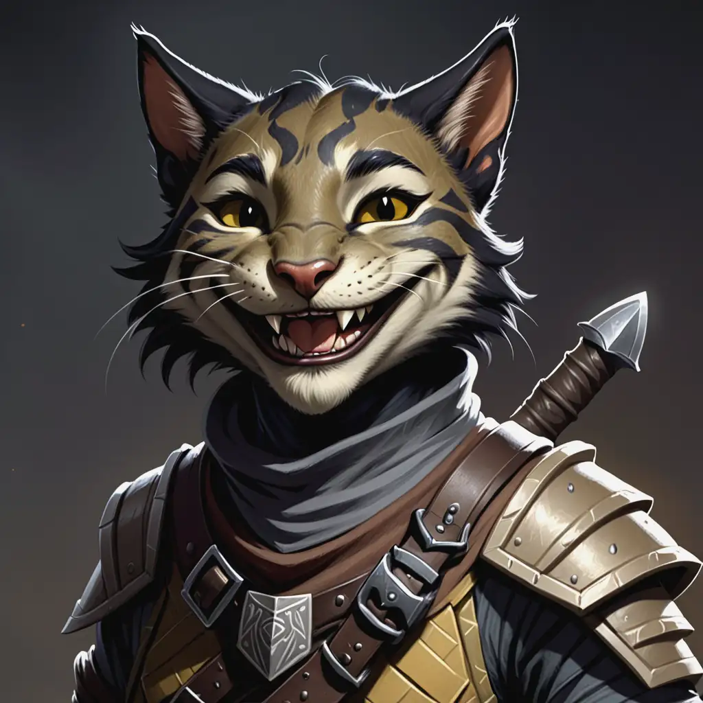 A tabaxi ranger, friendly looking, dungeons and dragons, black haired tabaxi, smiling in a friendly manner, lightly armoured, from the underdark, eyes closed from smiling