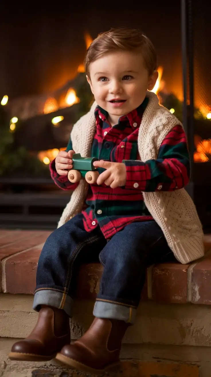 A medium shot of a realistic 2.5-year-old toddler boy sitting on a decorated fireplace hearth in a cozy living room with warm, festive lighting, wearing a red, green, and navy plaid flannel shirt, dark wash denim jeans, a cream-colored knit cardigan, and brown leather boots. He is holding a small wooden toy train and looking happily at the camera with a festive expression. Warm indoor holiday setting, fireplace in background, realistic toddler features, adorable casual toddler boy outfit, holiday hero style, beauty tone, soft, warm lighting, fashion photography. --ar 1:1 --zoom 1.3