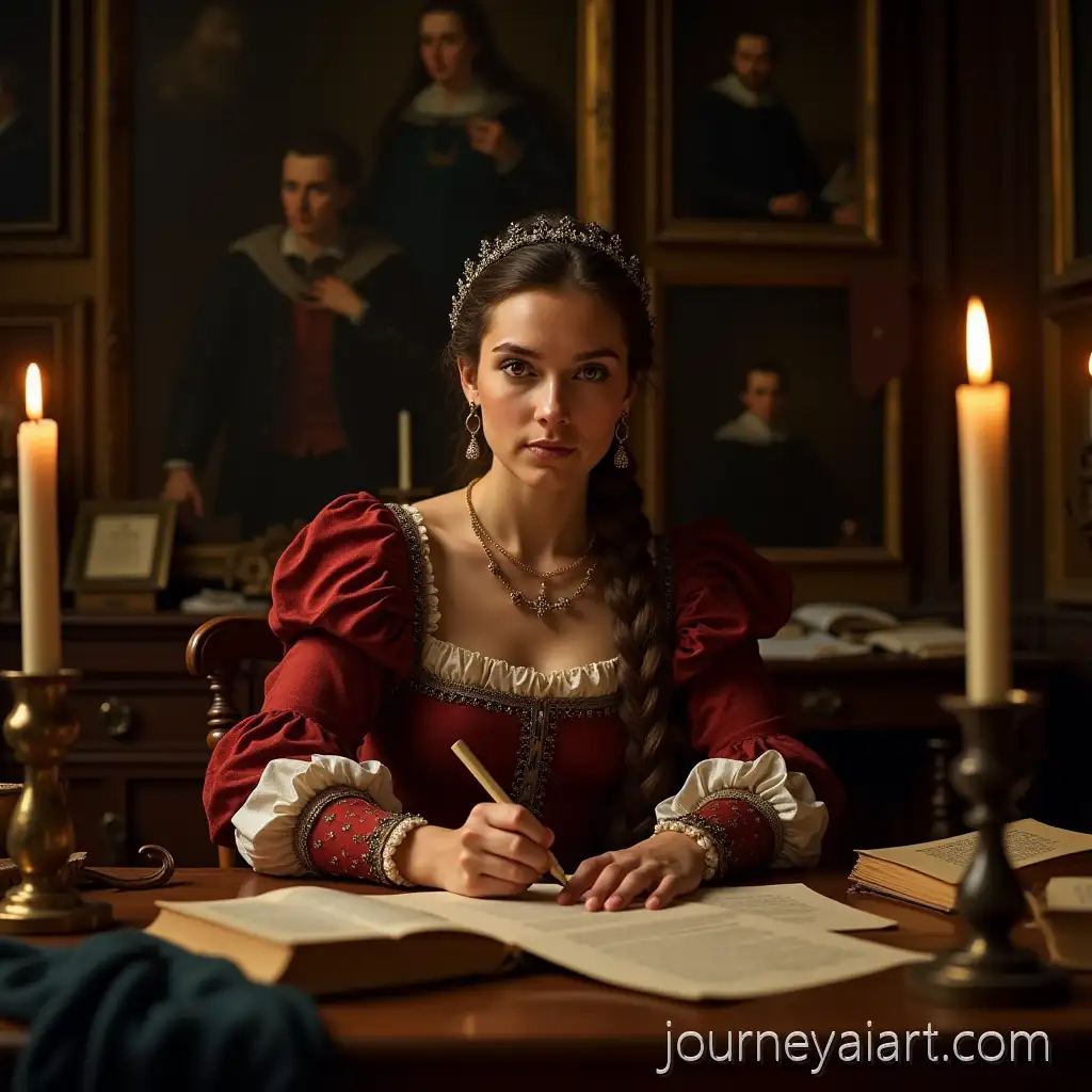Veronica-Franco-Writing-Poetry-in-a-16th-Century-Venetian-Study-with-Antique-Books-and-Candles