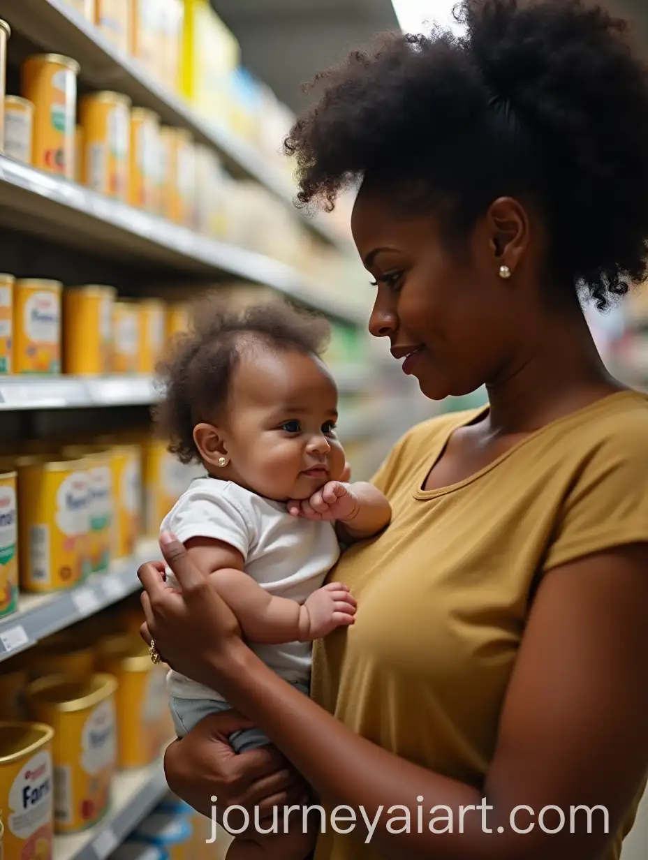 MixedRace-Mother-Contemplating-Baby-Formula-Aisle-with-Restless-Baby